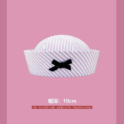 Y2K Striped Bow Flower Rhinestone Sailor JK Beret Navy Hats for Women Summer Niche Flipped Nurse Cosplay Beret Cap Sombreros Good Vibrations