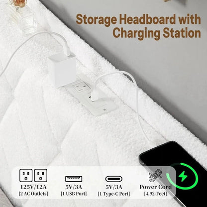 Bed Frame with 6 Storage Cabinet and LED Lights, Boucle Upholstered Button Tufted Headboard - Includes Charging Station Good Vibrations