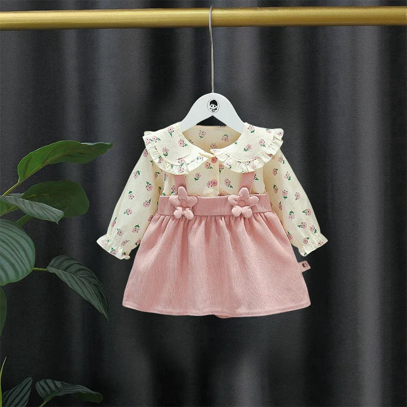 Spring And Autumn Girls' New Shoulder Strap Long Sleeve Dress, Baby Girl's Big Collar 3d Splicing Flower Sweet Children's Skirt Good Vibrations