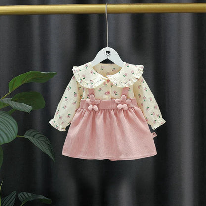 Spring And Autumn Girls' New Shoulder Strap Long Sleeve Dress, Baby Girl's Big Collar 3d Splicing Flower Sweet Children's Skirt Good Vibrations