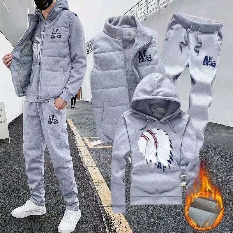 3 Pieces Set Hoodies+Vest+Pants Casual Men's Track Suit Clothing Coats Winter Thick Warm Tracksuit for Men Printed Mens Set Vest Good Vibrations