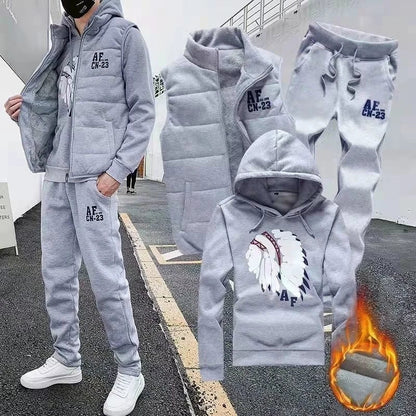 3 Pieces Set Hoodies+Vest+Pants Casual Men's Track Suit Clothing Coats Winter Thick Warm Tracksuit for Men Printed Mens Set Vest Good Vibrations