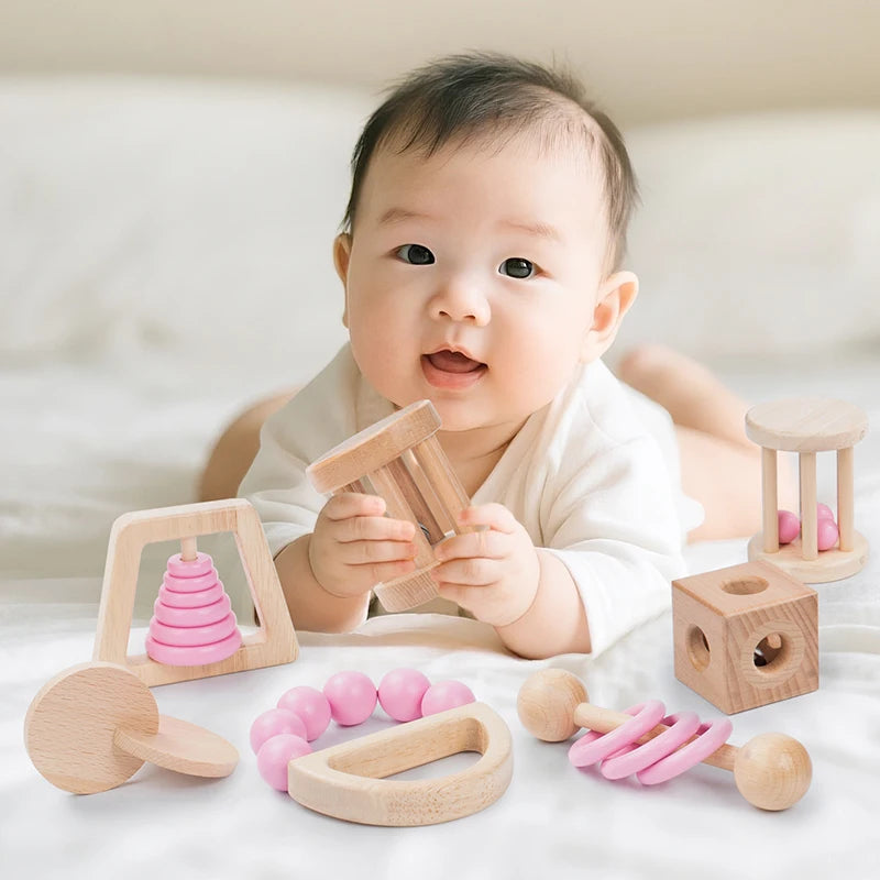 Montessori Wooden Toys Colorful Baby Rattle Set Safe Food Grade Wood Rattle Soother Bracelet Set Toddler Toy Bell Gift Good Vibrations