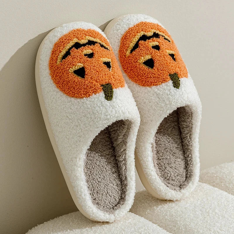 Smile Pumpkin Halloween Women's Slippers Winter Indoor Cartoon Comfort Home Bedroom Soft Causal Flat Plush Shoes for Gift Good Vibrations