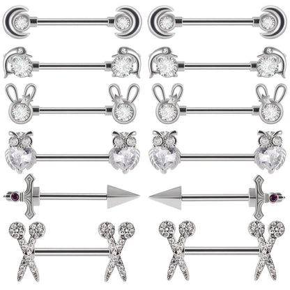 6Pairs/Lot 361L Surgical Steel Nipple Barbell Ring Moon Nipple Ring Scissors Nipple Shield 14G Tongue Piercing Body Jewelry Good Vibrations