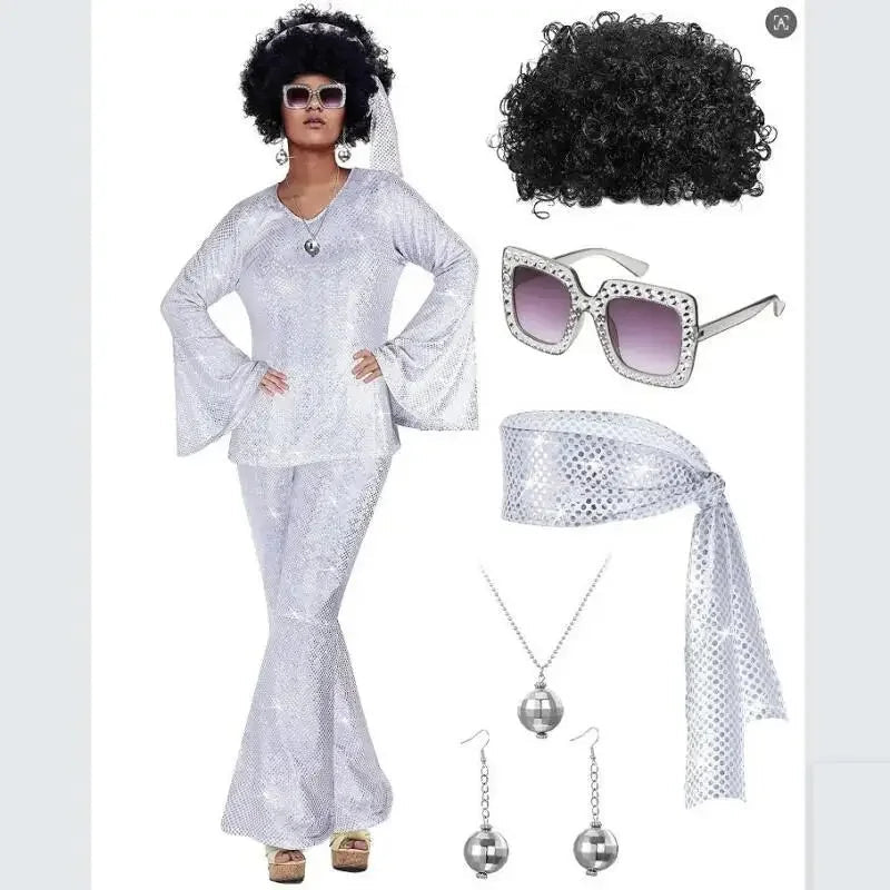 70s Women Disco Outfit Costume Disco Party Top Pants Sunglasses Ball Necklace Earring Wig for Halloween Easter Party Dress Up Good Vibrations