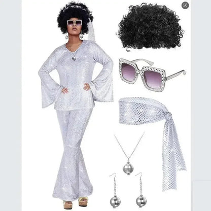 70s Women Disco Outfit Costume Disco Party Top Pants Sunglasses Ball Necklace Earring Wig for Halloween Easter Party Dress Up Good Vibrations
