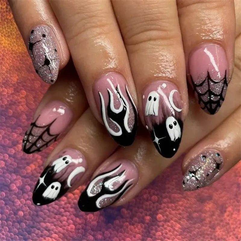 24Pcs Almond Halloween Press on Nails Full Cover French Fake Nails Cartoon Bat Spider Pattern Wearable Nails Art  Manicure Tips Good Vibrations