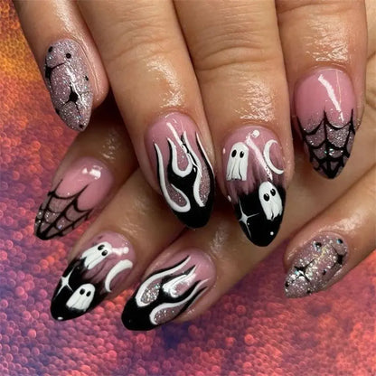 24Pcs Almond Halloween Press on Nails Full Cover French Fake Nails Cartoon Bat Spider Pattern Wearable Nails Art  Manicure Tips Good Vibrations