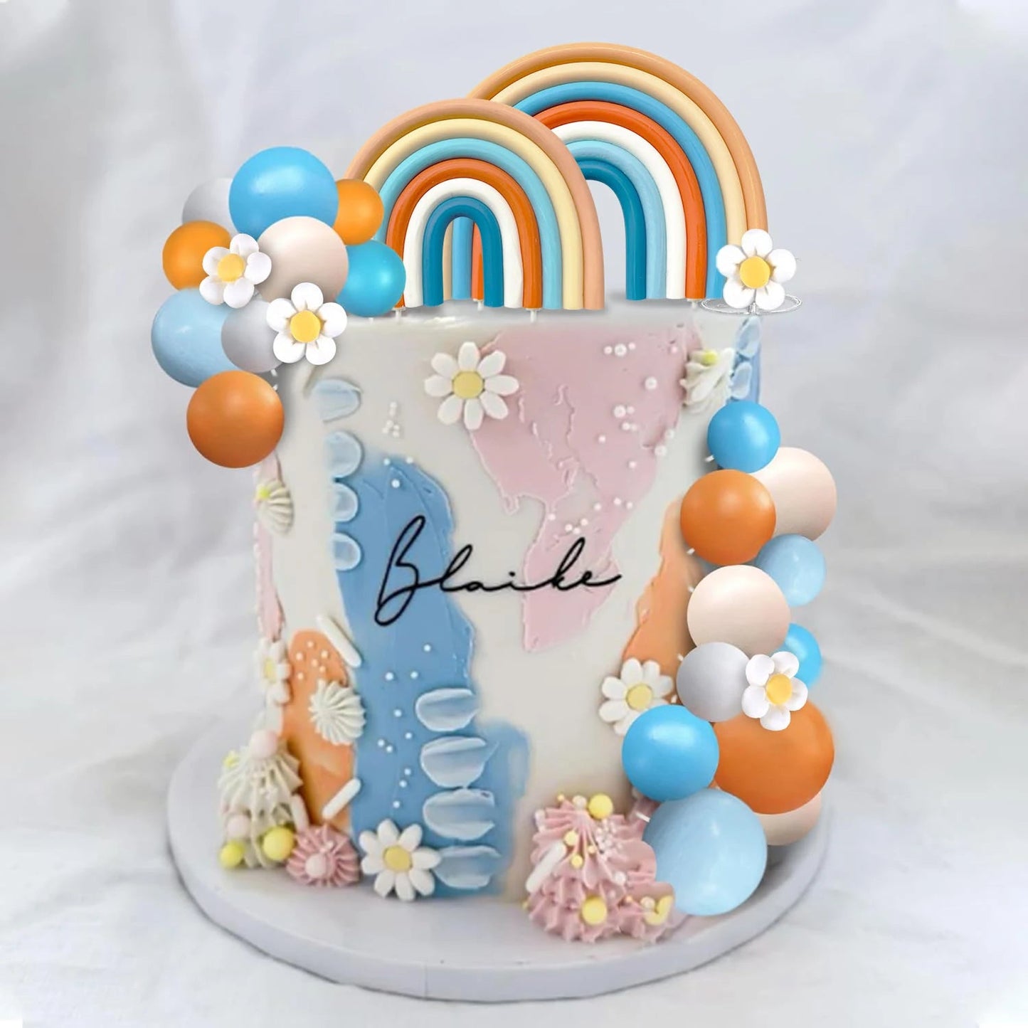 Groovy Cake Toppers Boho Cake Decorations with Flower Rainbow Balls for Girl Birthday Party Hippie Boho Groovy Party Supplies Good Vibrations