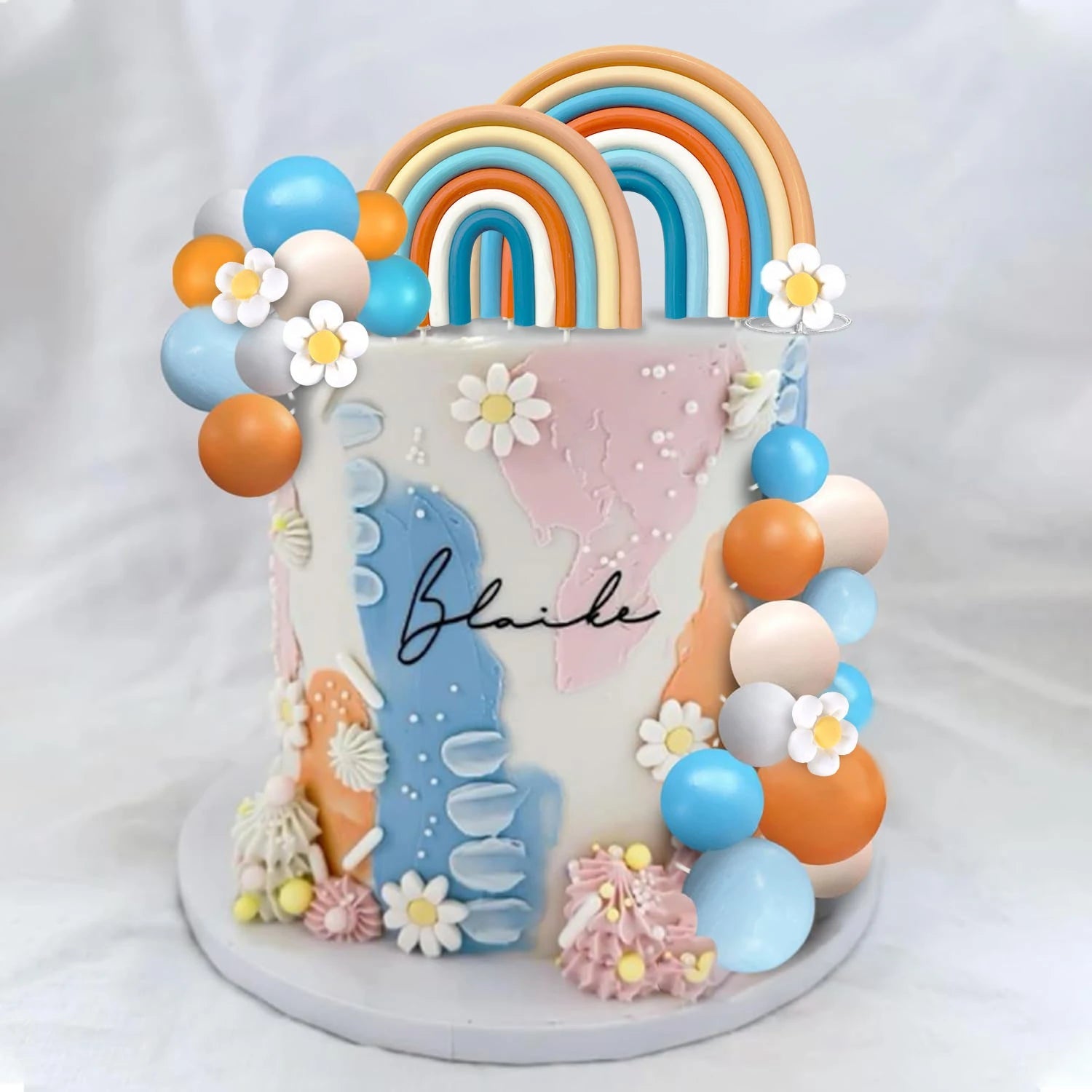 Groovy Cake Toppers Boho Cake Decorations with Flower Rainbow Balls for Girl Birthday Party Hippie Boho Groovy Party Supplies Good Vibrations