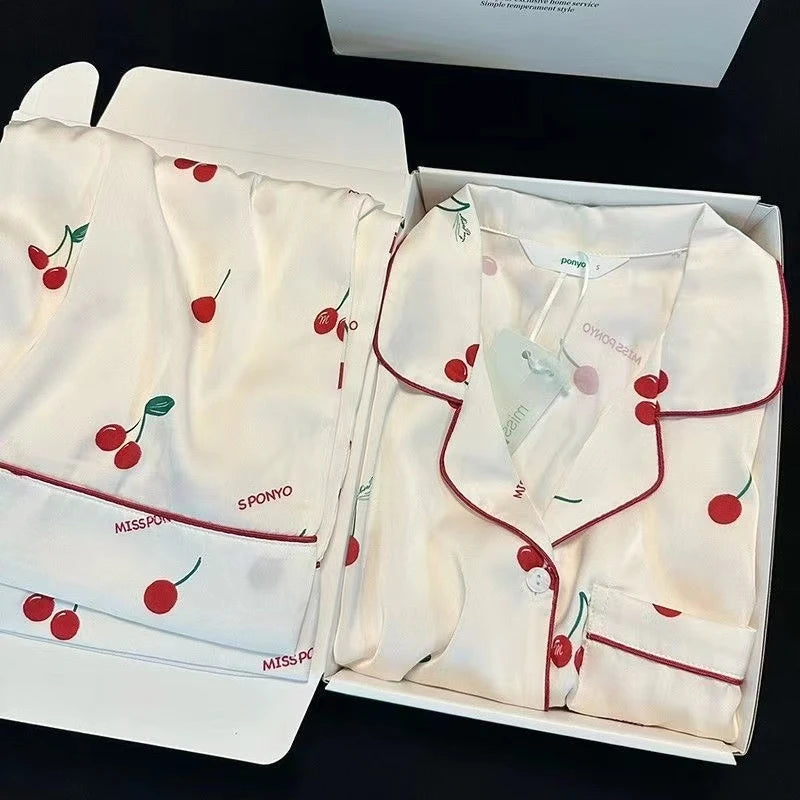 2023 Spring Autumn New Ice Silk 2 Pieces Pajamas for Women Fashion Cardigan Women's Pajamas Sweet Printing Loungewear Women Set Good Vibrations