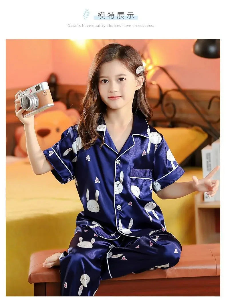 New Kids Spring Autumn Silk Satin Pajamas Set Girls Cartoon Button-Down Long Sleeve 2 Pieces Tops+Pants Sleepwear Pyjama Clothes Good Vibrations