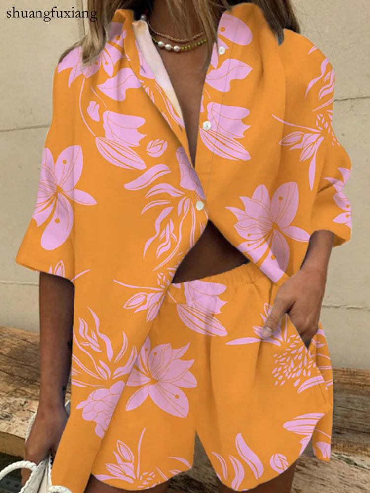 Two Piece Sets Womens Outfits Summer Casual Loose Print Two Piece Sets Fall Boho Beach Holiday Half Sleeve Shirt And Shorts Sets Good Vibrations