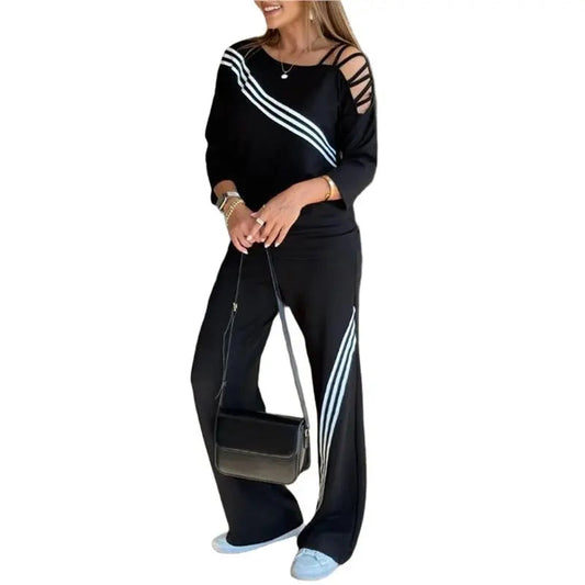 Women's Ribbed Tracksuit Set Long Sleeve Round Neck Top With Wide Leg Athletic Pants Outfit Good Vibrations