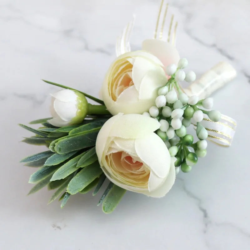 Boutonniere Flowers Artificial Roses Silk Ivory Corsage Buttonhole Groomsmen Boutonniere for Men Wedding Accessories Good Vibrations