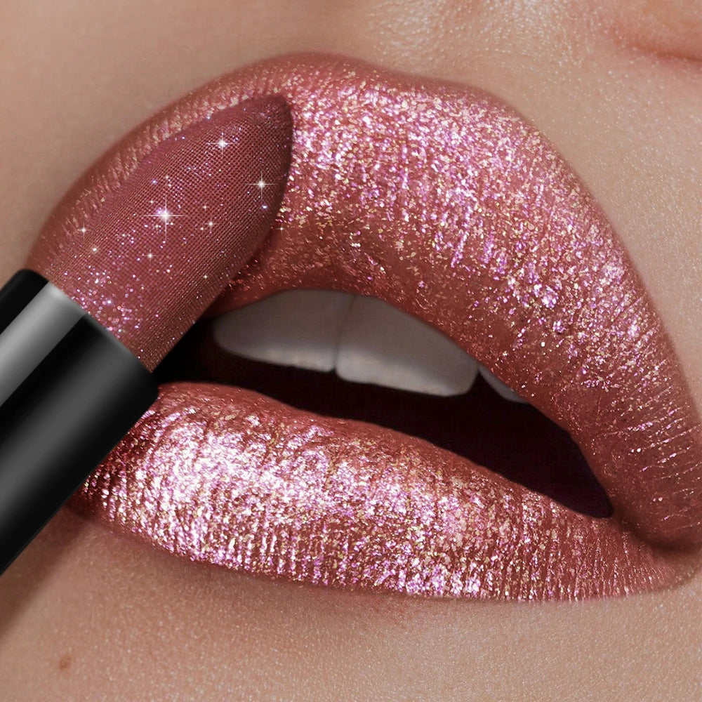 Glitter Lipstick, a pressable pearlescent lipstick, is very shiny like crushed diamond particles, smooth and long-lasting, has a Good Vibrations