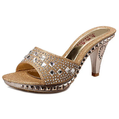 Summer Women Sandals Rhinestone Women Shoes Sexy High Heels Shoe Ladies Sandalias Gold Silver Women Slippers Heeled Sandals Sexy Good Vibrations
