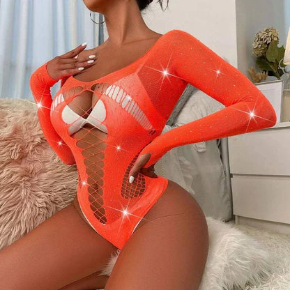 Women sexy rhinestone long sleeve fishnet bodysuit with hollow design and shiny diamond accents.