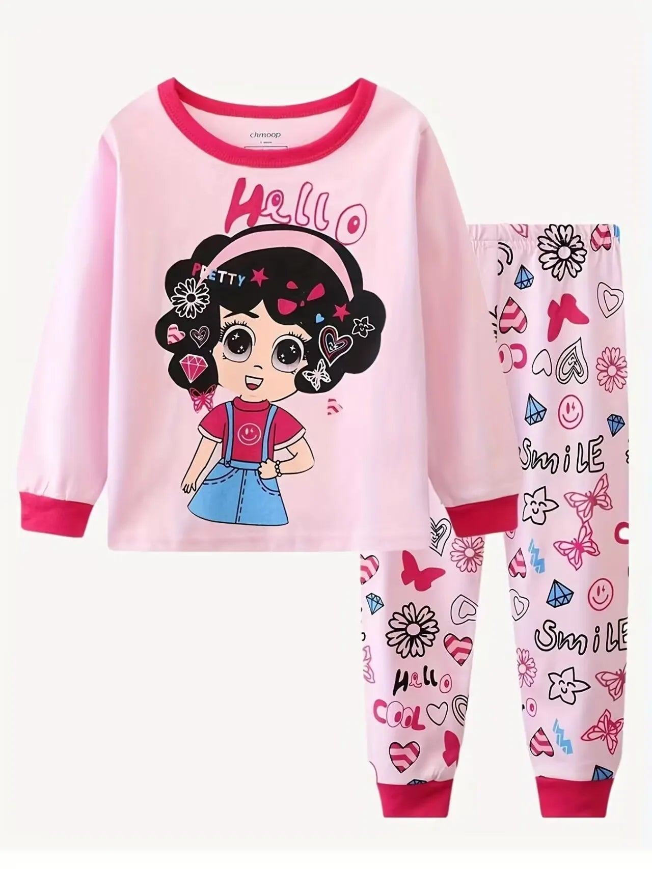2pcs Girls Casual Cartoon Unicorn Print Crew Neck Pink Cotton Pajama Sets Good Vibrations