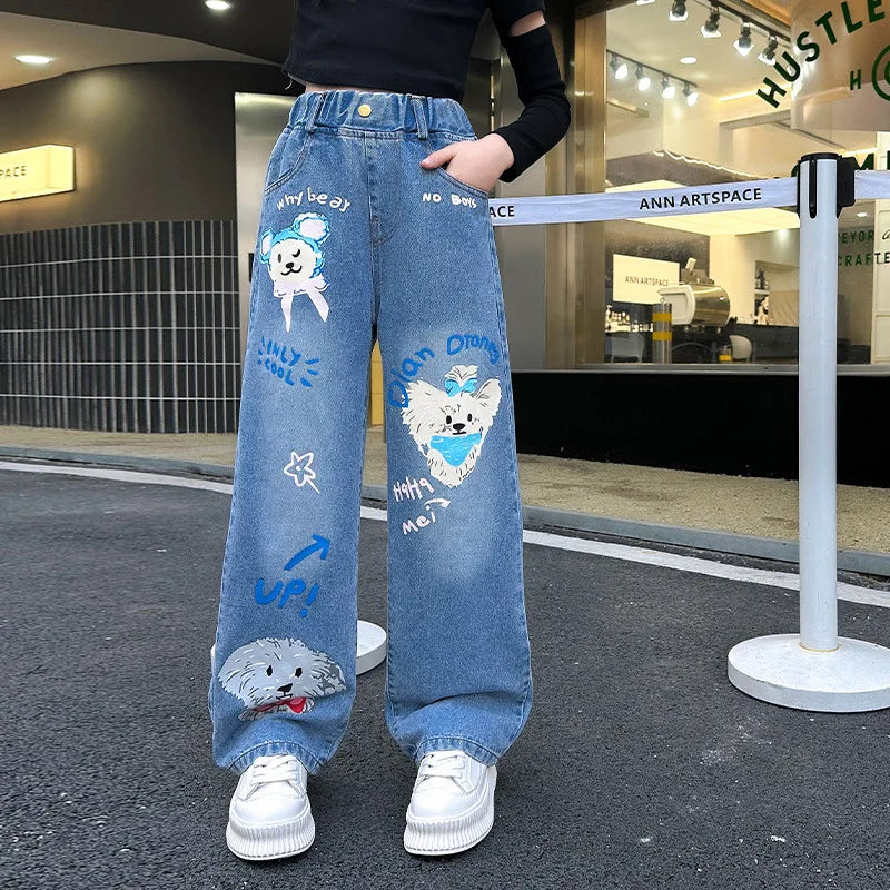 New 2024 Teenage Girls Blue Street Cartoon Print Elastic Mid Waist Loose Denim Jeans Spring Fashion Children Cute Wide Leg Pants Good Vibrations
