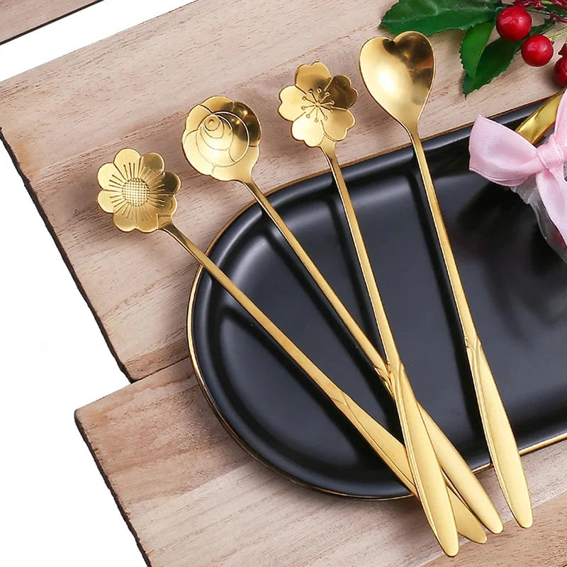 4Pcs Flower Spoon Set Small Teaspoon Coffee Spoon Cute Ice Cream Dessert Spoon Silver Gold Stainless Steel Tableware Accessories Good Vibrations