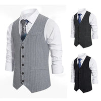 Men's Vintage Casual Black Grey Striped Single Breasted Suit Vest Elegant V Neck Gentleman Business Party Wedding Prom Vest Set Good Vibrations