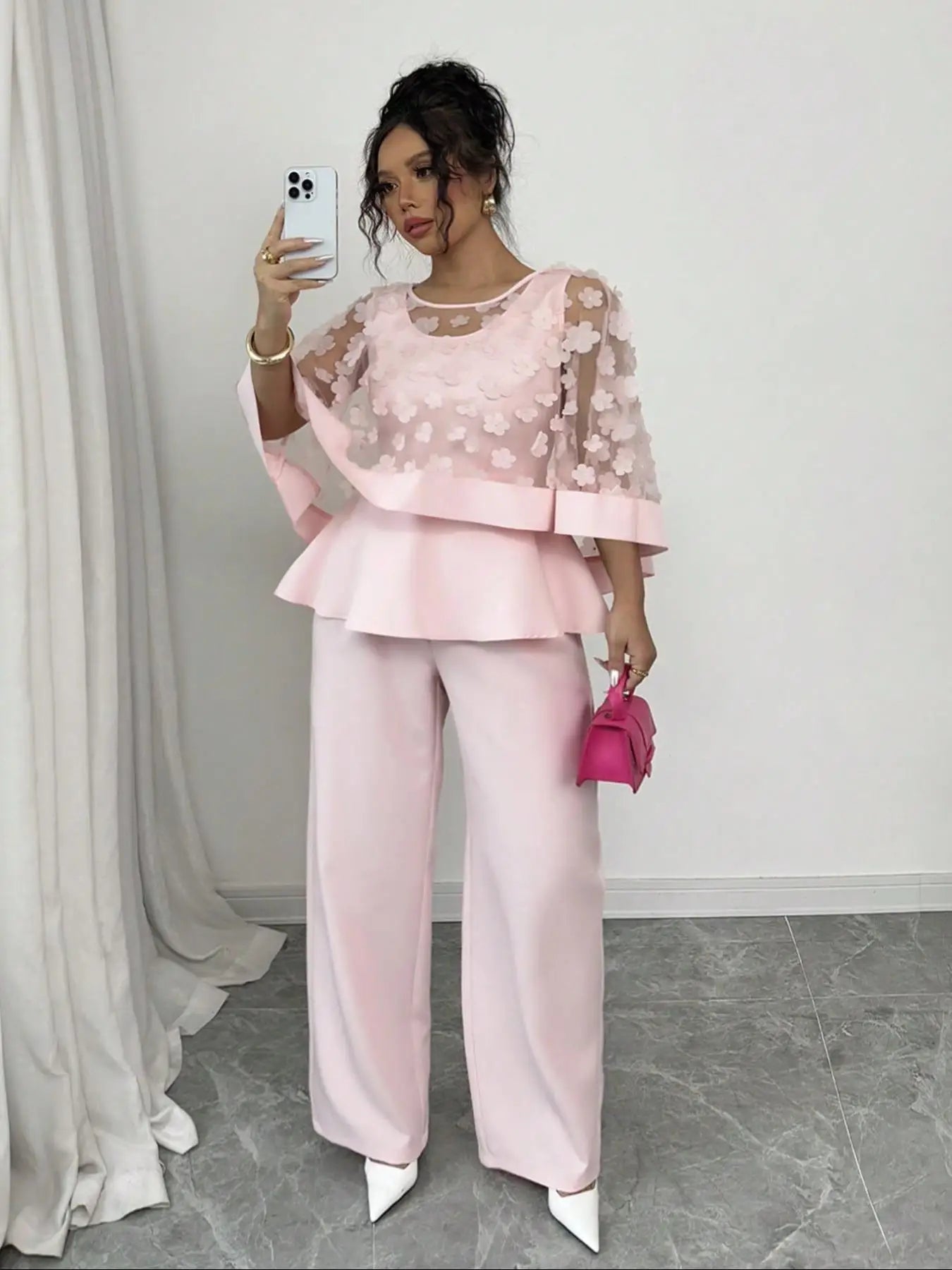 Plus Size Women's Two-Piece Set, Casual Floral and Plain Design, Moderate Thickness for All Seasons Good Vibrations