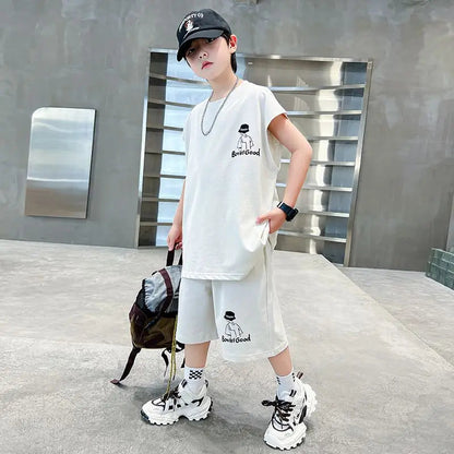 Boys' loose sleeveless vest set summer thin cartoon comic portrait boys' tank top and shorts two-piece set children's clothing Good Vibrations