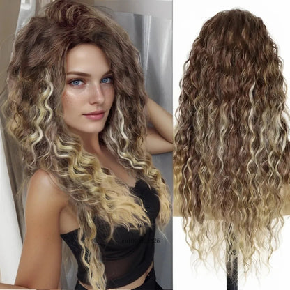 GNIMEGIL Synthetic Long Wave Cur Wigs Female Natural Brown Wig with Clip Free Part Side Bangs 80s Curly Wigs for Women Ombre Wig Good Vibrations