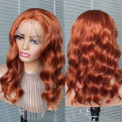 Ginger Orange 13*4 Lace Front Wigs Dark Orange Body Wave Synthetic Lace Front Wig for Women Pre Plucked Hairline Wig 14 Inch Good Vibrations