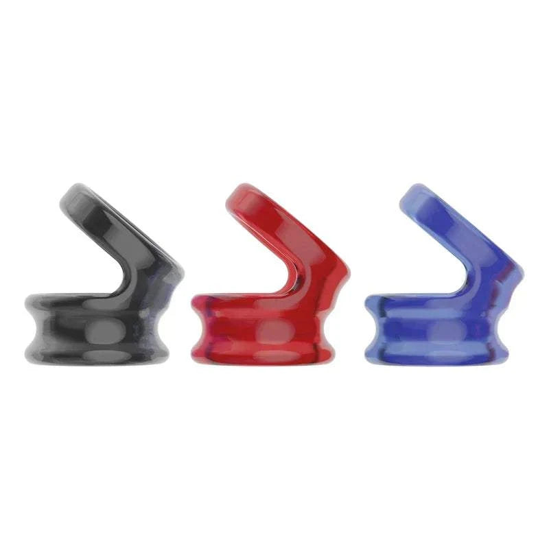 Semen lock ring male masturbator in black, red, and blue silicone variants.