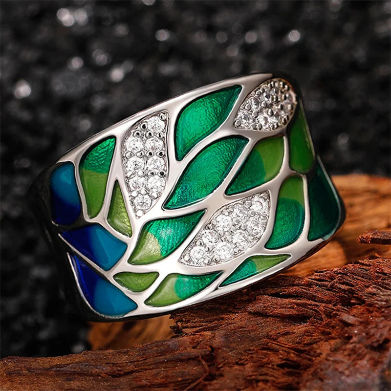 Green Leaf Enamel Handmade Oil Dropping Women's Ring Charm High Luxury Westernized  Prom Fancy Birthday Gift Fashion Jewelry Good Vibrations