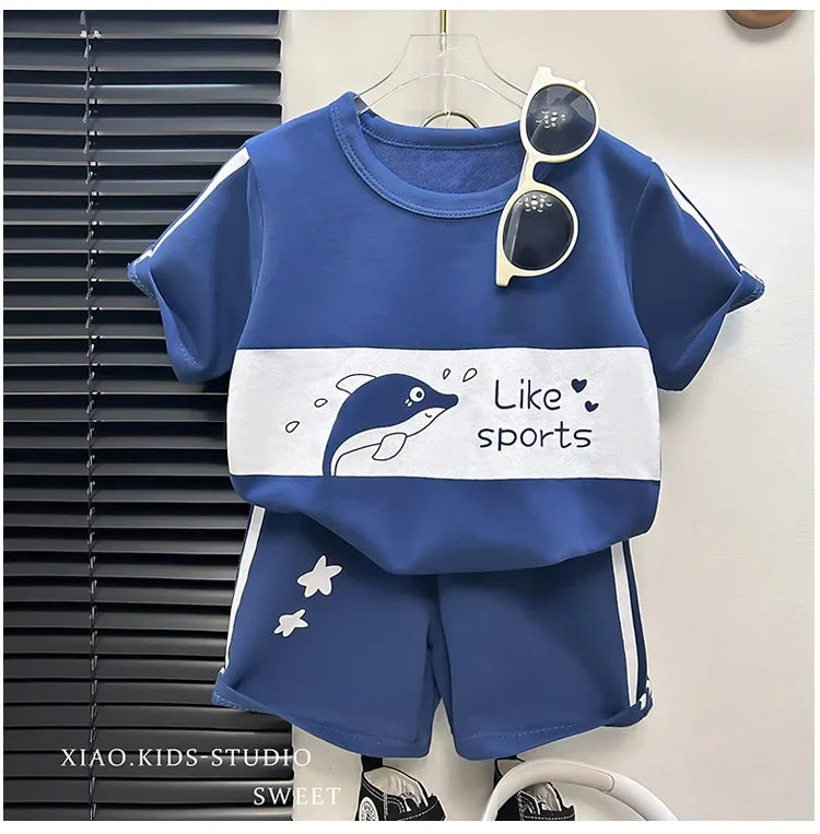 2024 New Kids Short Sleeve Suit Striped Girls Boys Set Summer Tops +short Baby Clothes Children's Wear Good Vibrations