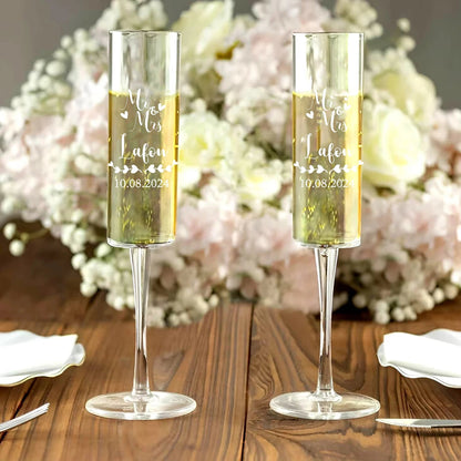 Set of 2 Personalized Mr and Mrs Wedding Flutes Champagne Toasting Glasses Couple Gift Groom Bride Toasting Glasses Good Vibrations