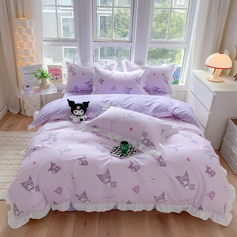 Sanrio Kids Bedding Set Kuromi Cinnamoroll Mymelody Duvet Cover Bed Sheet Pillowcase Bedsheet Double Single King Queen Twin Size Good Vibrations