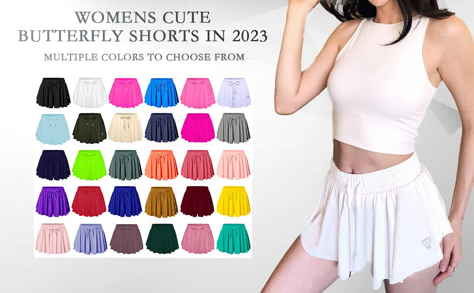 2 IN 1 Flowy Shorts Women Butterfly Tennis Skirt with Pockets Gym Yoga Shorts Sportswear Athletic Biker Run Shorts Skirts Summer Good Vibrations