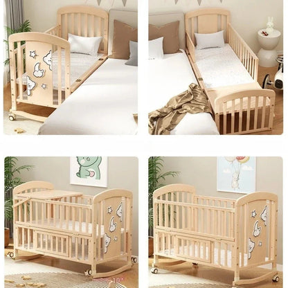 2025 New Baby Comfortable Sleeping Bed Solid Wood Newborn Baby Bed Multifunctional Baby Rocking Bed with Wheels and Mosquito Net Good Vibrations