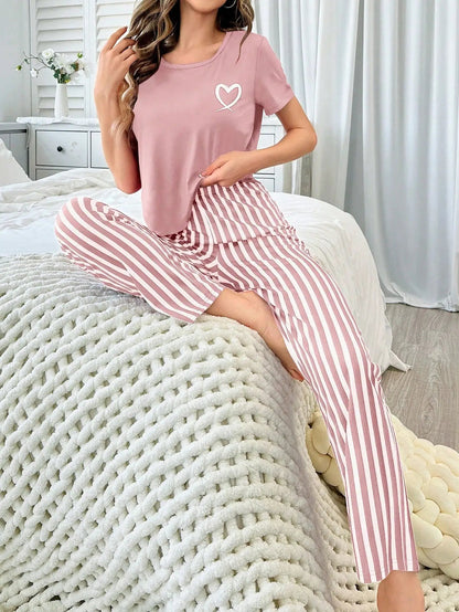 Women's pajamas new style love short sleeve striped pants two-piece elegant casual home outfit Good Vibrations