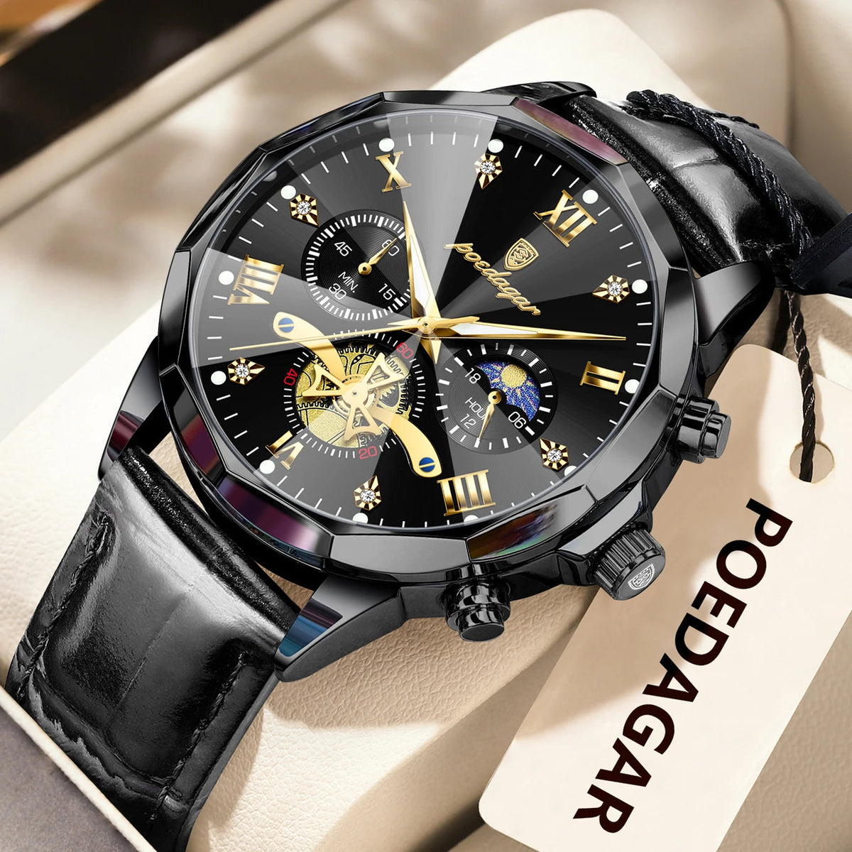 POEDAGAR Military Luxury Men Wristwatch Quartz Waterproof Luminous Chronograph Leather Man Watch Sports Men's Watches Male Reloj Good Vibrations
