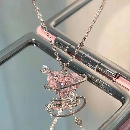 Y2K Pink Planet Heart Zircon Pendant Necklaces Women Fashion Aesthetic Clavicle Chain Necklace Valentines Day Gift Party Jewelry Good Vibrations
