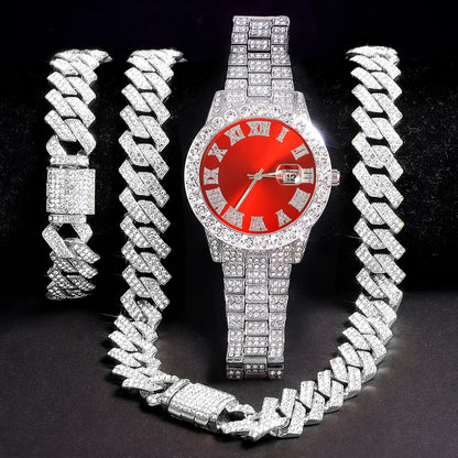 3pcs Men's Silver Watch Set Hip-hop Punk Inlay Diamond Watch+Cuban Chain+Bracelet Comes With Strap Adjuster Stylish Jewelry Gift Good Vibrations