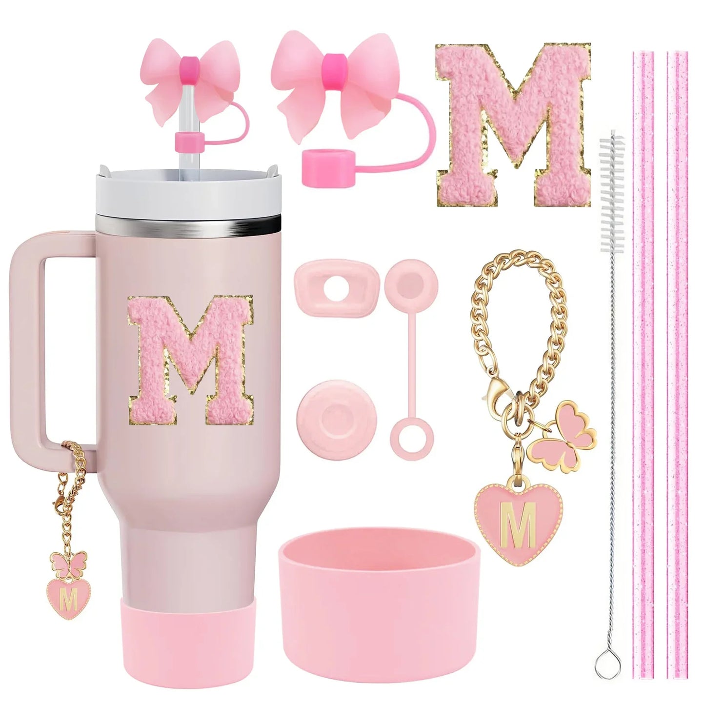 10PCS Accessories Set for Stanley Cup, 2 Straw and Brush and 1 Flower Charm Chain 3 Spill Proof Stopper Flowers Straw Cover Boot Good Vibrations