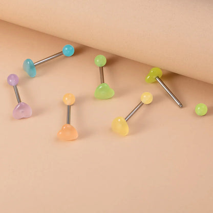 6pcs Heart Acrylic Glowing Tongue Ring Barbell 316L Stainless Steel Bar Tongue Piercing Body Jewelry 14G Good Vibrations