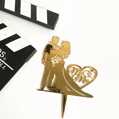 Mrs & Mrs Wedding Party Cake Topper Gold Black Ring Acrylic Wedding Cake Toppers Dessert Decoration Bride Groom Baking Supplies Good Vibrations
