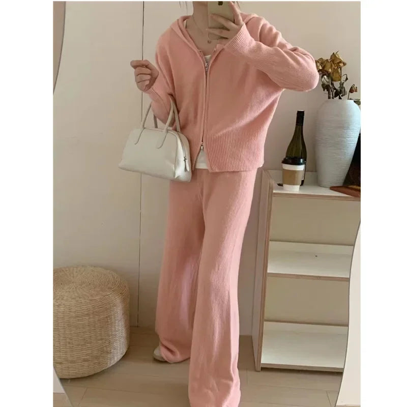 Women Casual Knitted Pants Home Suit Autumn Fashion Zip Up Sweater Hoodie Wide Leg Trousers 2 Piece Set Tracksuit Winter Outfits Good Vibrations