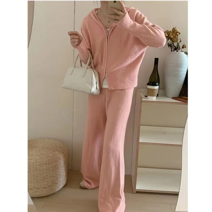 Women Casual Knitted Pants Home Suit Autumn Fashion Zip Up Sweater Hoodie Wide Leg Trousers 2 Piece Set Tracksuit Winter Outfits Good Vibrations
