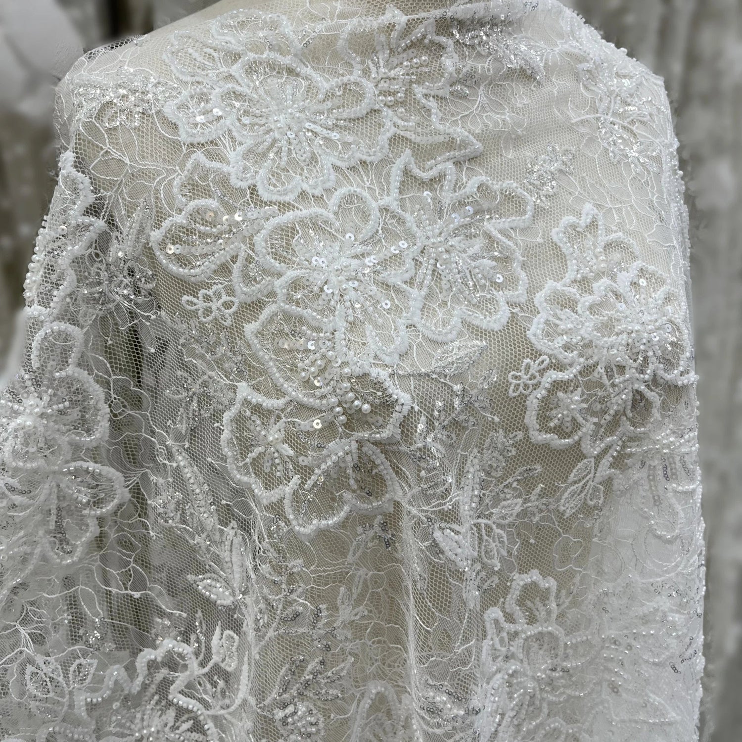 New French Lace Sequin Bead Tulle Embroidery High-end Wedding Dress Design Fabric Good Vibrations