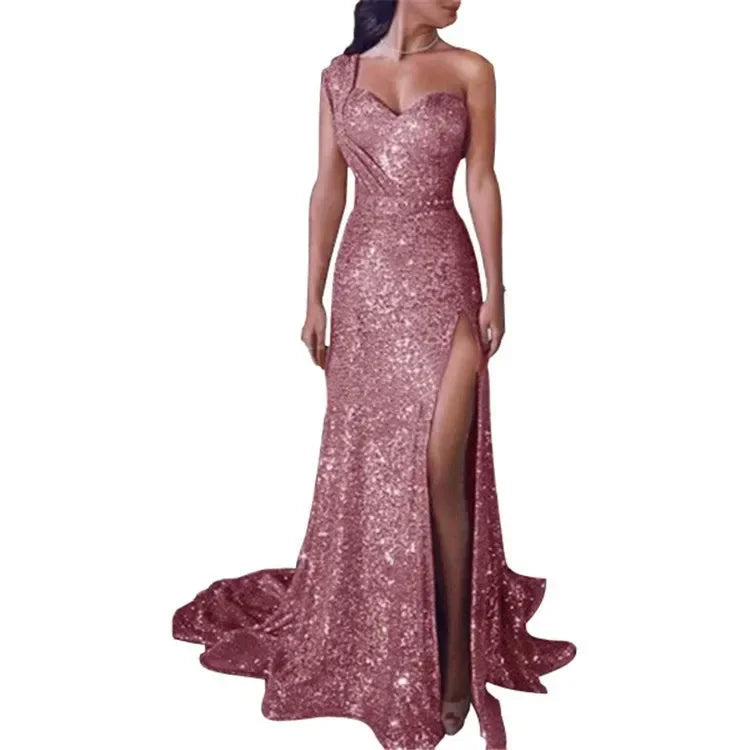 2025 Women's Wedding Party Dress Evening Elegant Sexy Deep V Neck One Shoulder Sleeveless Sequined Long Maxi Dresses For Women Good Vibrations