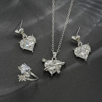 4 Pieces Love Pink Crystals Sweet Earrings Necklaces And Rings Jewelry Set Lightweight And Versatile For Women Mother's Day Gift Good Vibrations